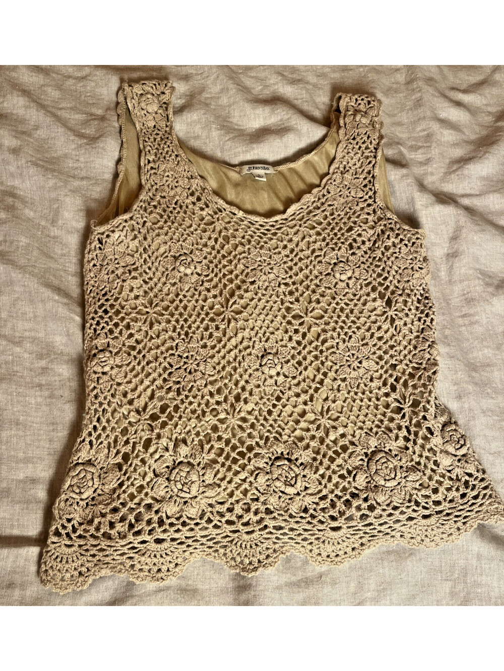 Crochet Tank Large Boho Renaissance Tan Floral Pattern Lined Scoop St. Johns Bay